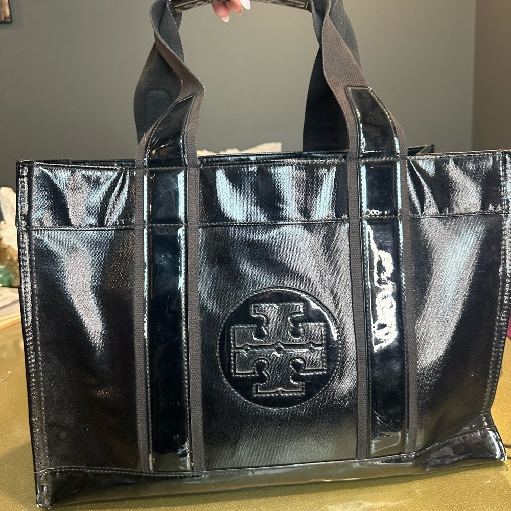 Tory Burch Black Patent\Nylon Small Ella Tote